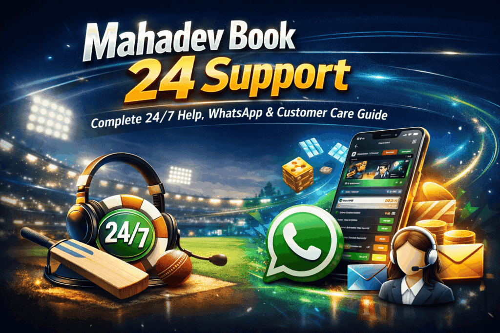 Mahadev Book 24 Support banner with 24/7 help, WhatsApp icon, cricket theme, app display and customer care headset support graphics