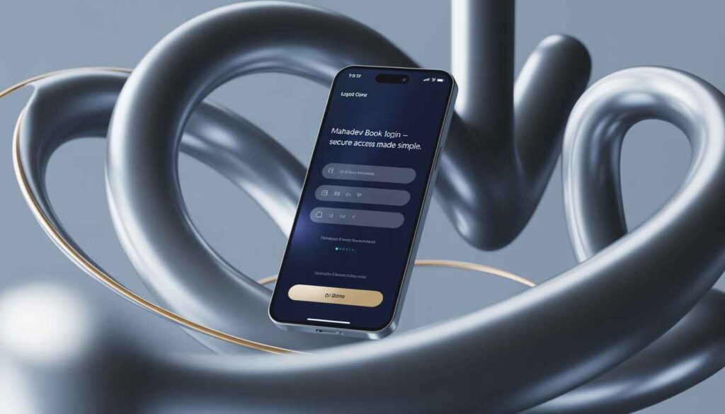Elegant 3D illustration of a modern smartphone displaying a secure Mahadev Book login screen with glowing UI elements, premium dark colors, and soft cinematic lighting representing safe and stylish account access.
