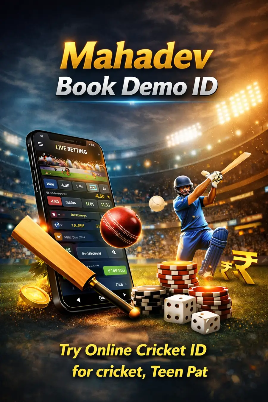 Mahadev Book Demo ID banner with live cricket betting app interface, stadium background, poker chips and modern vertical design layout
