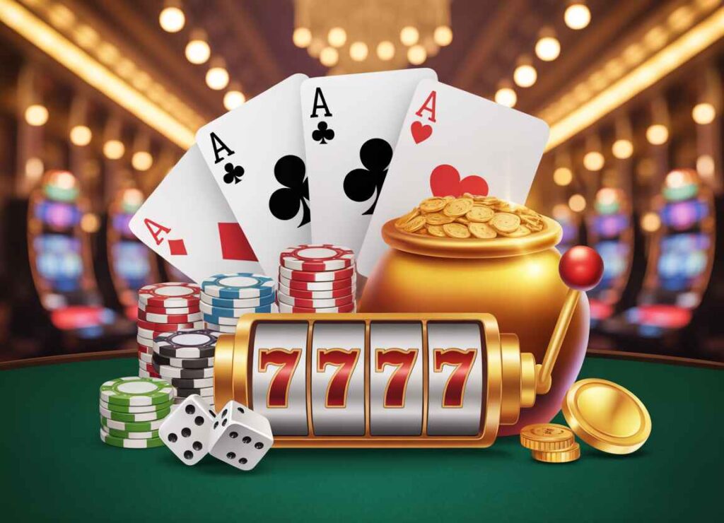 **Alt Text:** Luxury online casino promotional image featuring Teen Patti, poker, blackjack, and slot machine games with playing cards, poker chips, dice, jackpot coins, and golden casino background lighting.