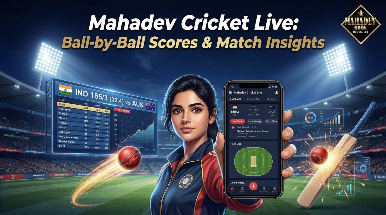 Mahadev Cricket Live Scores dashboard on the Mahadev App showing real-time cricket match scores, live updates, player statistics, and detailed match insights for cricket fans.