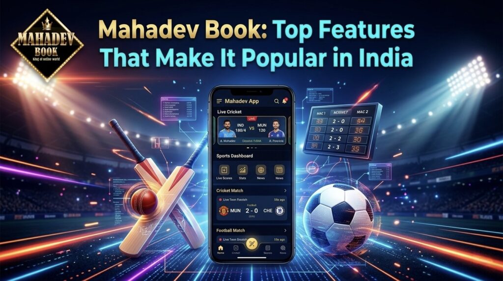 Mahadev Book platform interface highlighting top features, secure login, fast betting access, and popular online gaming options in India