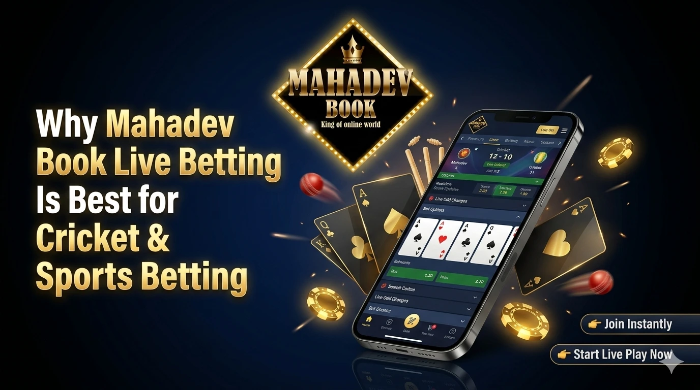 Mahadev Book live betting banner with 3D smartphone, cricket interface, cards and golden chips