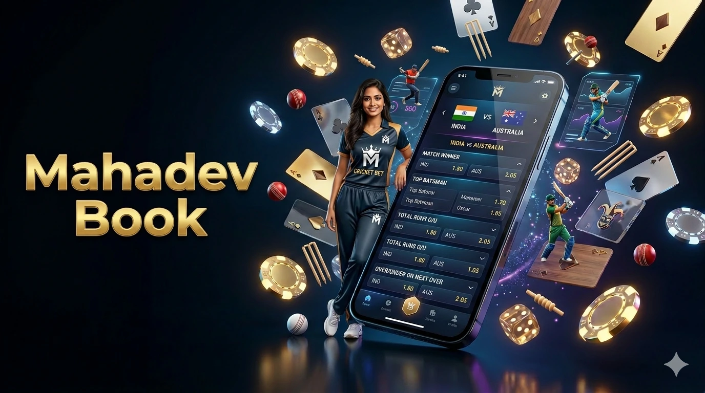 A vibrant promotional graphic for "Mahadev Book," featuring a woman standing alongside a smartphone displaying an India vs. Australia cricket betting interface, surrounded by floating golden gambling chips, playing cards, dice, cricket balls, and miniature batsmen on a dark, reflective background.