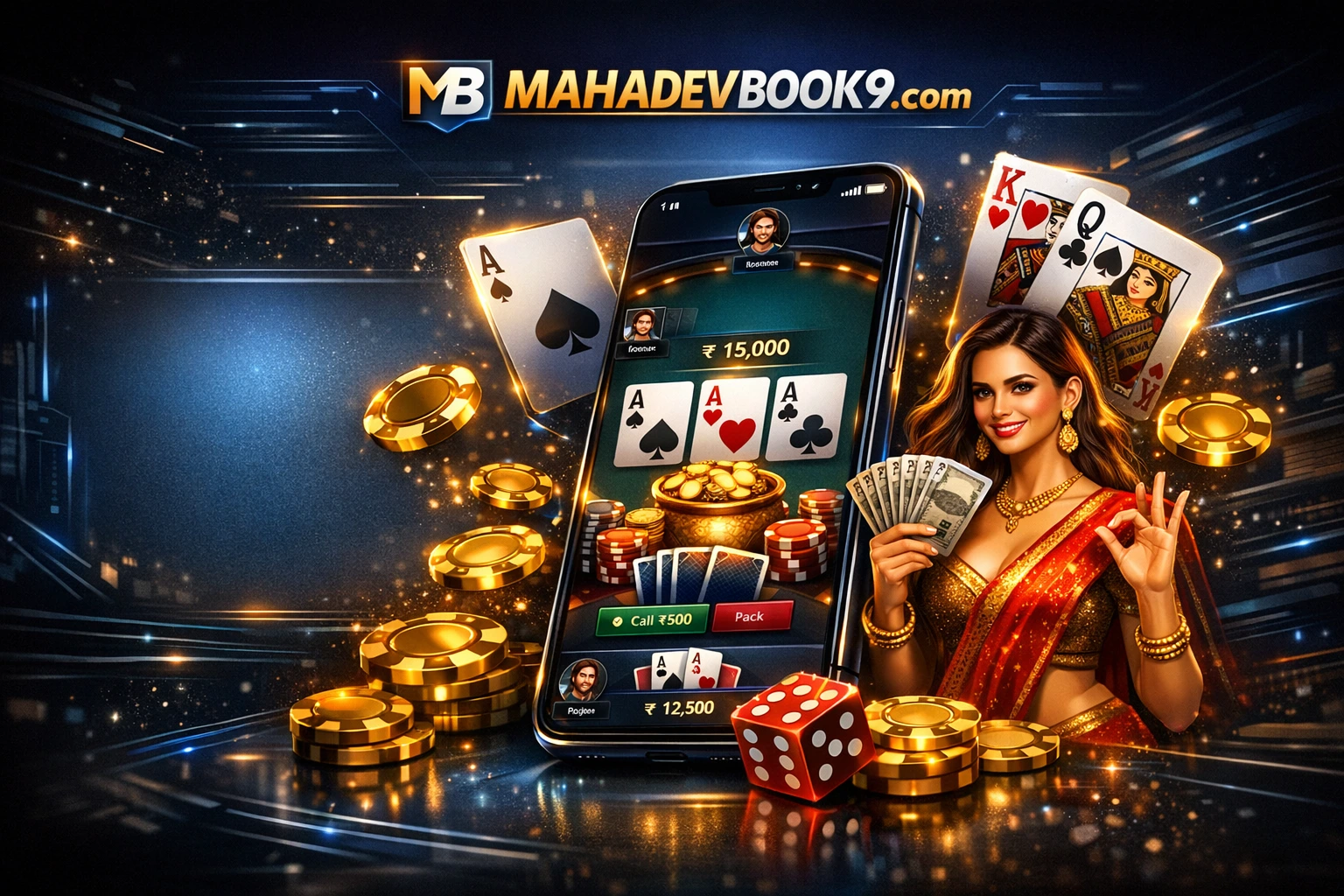 Mahadev Book Teen Patti banner with smartphone, glowing cards, gold chips, and premium online gaming interface."
